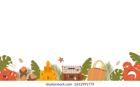 Banner with travel and tourism elements. Colorful trip objects, palm tree and leaves, suitcase, flamingo swimming ring and space for text. Summer vacation background. Colorful flat vector illustration