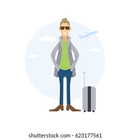 Banner travel and tourism in flat style, concept of vacation. Smiling fashionable tourist man in jacket and sunglasses with bag. For website or application