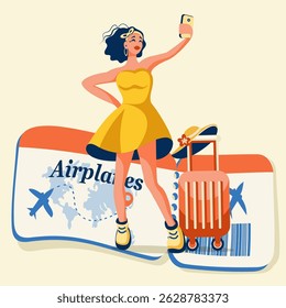 banner travel vacation woman taking selfie suitcase and plane ticket vector image