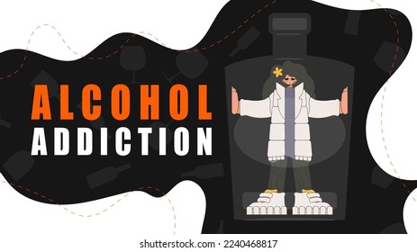 Banner Treatment for alcohol addiction. A woman is a hostage inside a bottle.