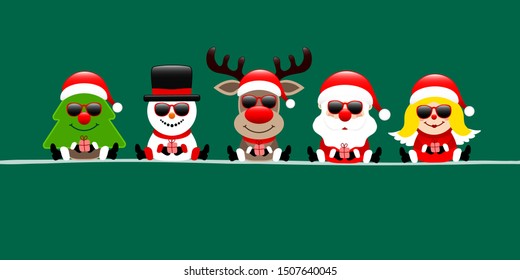 Banner Tree Snowman Reindeer Santa And Angel With Sunglasses Dark Green