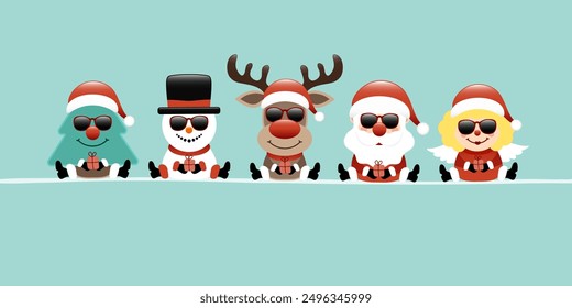 Banner Tree Snowman Reindeer Santa Claus And Angel Sunglasses Turquoise Dark Red