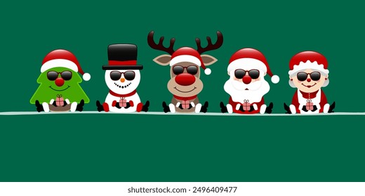 Banner Tree Snowman Reindeer Santa Claus And Santa's Wife Sunglasses Green Dark Red