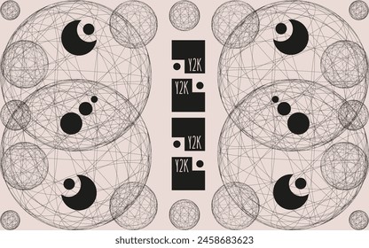 Banner with trendy 3D Wireframe Shapes and Simple black Figures. Design poster with 3D Geometric Circles and Geometry Shapes. Y2K Vector aesthetic can used web and social media background. EPS 10 
