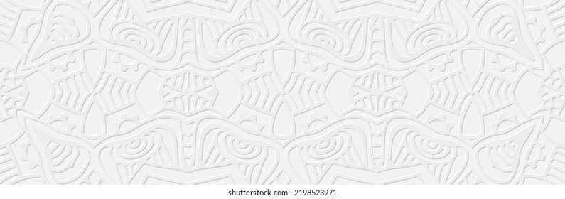 Banner, diseño de portada de moda. Patrón 3d de origen étnico dominado en un fondo blanco, estilo boho, prensa de papel. Ideas geométricas tribales para sitios web, presentaciones.