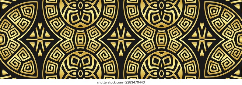 Banner, tribal cover design. Embossed ethnic geometric golden 3d greek pattern, meander. Vintage black background. Themes of the East, Asia, India, Mexico, Aztecs, Peru.