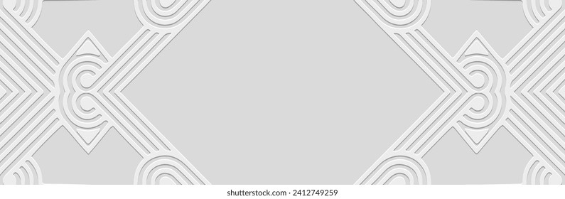 Banner, tribal cover design. Embossed ethnic geometric abstract 3D pattern on a white background, space for text. Ornamental art of the East, Asia, India, Mexico, Aztec, Peru.