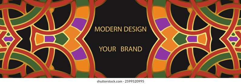 Banner, tribal cover design. Geometric lorem background with frame for text. Ethnic multicolored pattern, ornaments, arabesques, mandala of East, Asia, India, Mexico, Aztec, Peru.