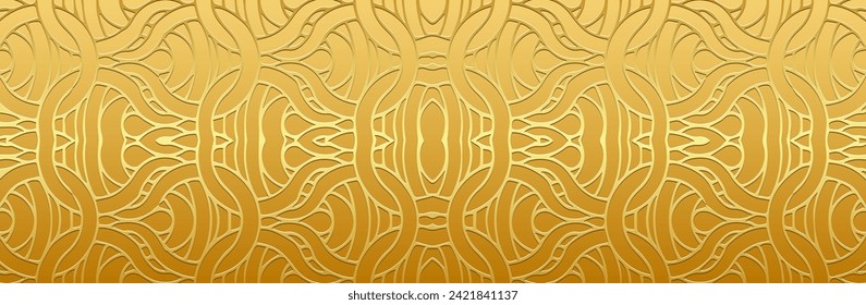 Banner, tribal cover design. Relief geometric gold 3D pattern on a gold background. Handmade. Ornamental art, ethnicity of the East, Asia, India, Mexico, Aztec, Peru.