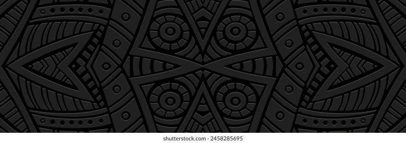 Anuncio, diseño de portada tribal. Relieve patrón geométrico 3D sobre un fondo negro. Adornos exóticos, hechos a mano, garabatos. Estilo étnico, tradiciones de Oriente, Asia, India, México, Azteca, Perú.