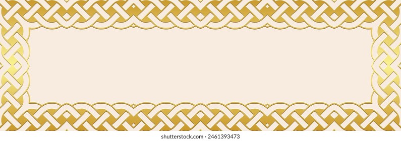 Banner, tribal cover design. Relief geometric vintage gold 3D pattern on a white background. Ethnic ornaments, frame for text and advertising. Culture of the East, Asia, India, Mexico, Aztec, Peru.