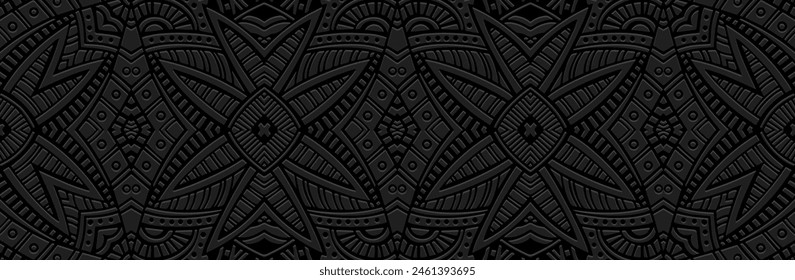 Banner, tribal cover design. Relief geometric vintage exotic 3D pattern on a black background. Ethnic ornaments, arabesques, handmade. Culture of the East, Asia, India, Mexico, Aztec, Peru.