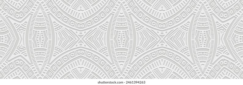 Banner, tribal cover design. Relief geometric vintage creative 3D pattern on white background. Ethnic ornaments, arabesques, handmade. Culture of the East, Asia, India, Mexico, Aztec, Peru.