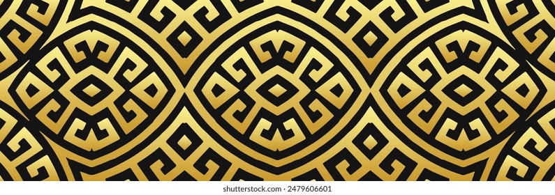 Banner, tribal cover design. Relief geometric ethnic gold 3D pattern in Greek meander style on a black background. Traditions of the East, Asia, India, Mexico, Aztec, Peru.