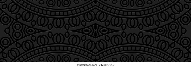Banner, tribal unique cover design. Relief geometric 3D pattern on a black background. Vintage artistic art, ethnicity of the East, Asia, India, Mexico, Aztec, Peru.