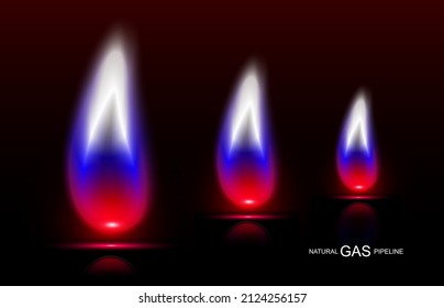 Banner with tricolor neon flame. Russian gas. White, red, blue fire, gas pipeline symbol from Russia. Gas north stream. Gas concept for households and fossil fuel extraction. Vector illustration