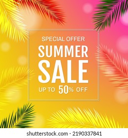 Banner With Tropical Beach With Tropical Leaves With Gradient Mash, Vector Illustration
