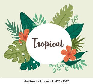The banner of Tropical flower and tropical leaf element for label in flat vector style. Illustration about summer for background, graphic,content , banner, sticker label and greeting card.