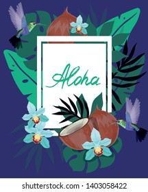 Banner with tropical flowers, palm leaves, hummingbirds, monstera, orchid, coconut, jungle leaves composition. Summer vector gentle exotic botanical illustration, copy space isolated.