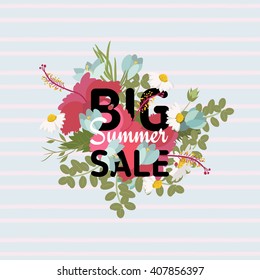 Banner tropical hibiscus flowers daisy ladybug crocus bouquet with black fern Big Summer Sale sign. Vector illustration