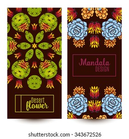 Banner with a tropical kaleidoscope of succulents and cacti in style hand drawing. Bright tropical pattern for the eco and flower succulents  shop.