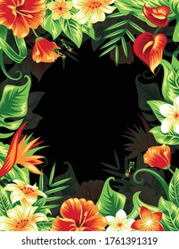 Banner with tropical leaves and flowers. Isolated on white.