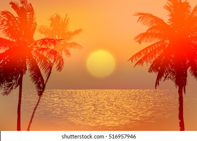 Banner - tropical sunset or sunrise in yellow, red and orange shades. Palm trees against the setting sun and its reflections on the water surface.