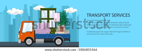 Banner of truck with furniture on the\
background of the city, transport services and logistics, shipping\
and freight of goods, vector\
illustration