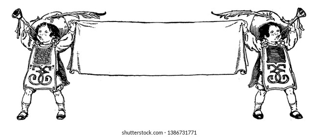 Banner with Trumpet Players holding a banner in this picture, vintage line drawing or engraving illustration.