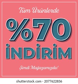Banner in Turkish with 3d characters "70% discount on all products now in our store"