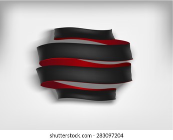 Banner with twist black silk ribbon with red back. Vector illustration