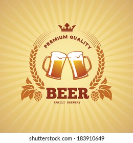 Banner with two beer mugs, hops and barley in vector