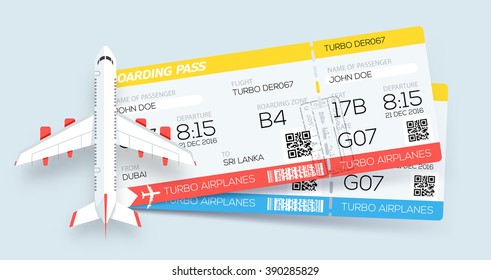 Banner with two boarding pass tickets and aircraft. 