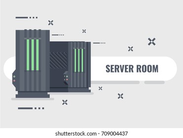 Banner with two computer in front and side view. Server farm room banner with copy space flat vector illustration