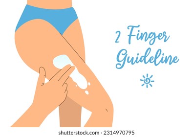 Banner with two finger rule for sunscreen with white background. Summer skincare and protection concept. Hand with two fingers applying SPF cream on leg. Flat vector illustration