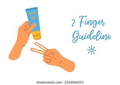 Banner with two finger rule for sunscreen on white background. Summer skincare and protection concept. Hand with two fingers applying SPF cream and other hand hold tube. Flat vector illustration