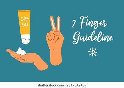 Banner with two finger rule for sunscreen on blue background. Summer skincare and protection concept. Hand with two fingers, palm with SPF cream and tube. Flat vector illustration