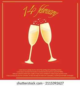 Banner Two glasses of champagne hit each other, releasing bubbles, Valentine's Day February 14th. Banner for 14 February. Red-orange background. Champagne goblets