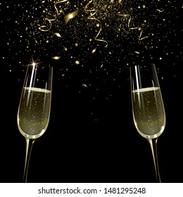 banner with two glasses of champagne on a background of golden confetti