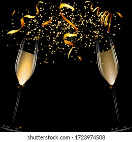 Banner with two glasses of champagne on a dark background with serpentine and confetti.
Stock vector illustration.