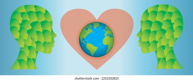 Banner with two green human profiles with more heads inside. Hearth with Planet eath in middle. Vector illustration.