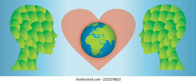 Banner con dos perfiles verdes con perfiles humanos dentro, corazón en medio y planeta Tierra en el centro. Ilustración vectorial.