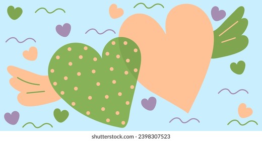Banner two Hearts with wings and dots, little hearts in doodle style on Valentine's Day. Peach Fuzz. Vector hand drawn illustration in peach, green, violet colors. Isolated on blue background