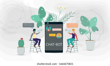 banner, dos personas con un altavoz , entre un teléfono , comunican para un sitio web o aplicaciones móviles, Concepto de inteligencia artificial, Ilustración de vectores planos