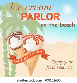 Banner with two realistic waffle cone ice creams on the seascape background. Ice cream parlor letters and ribbon with text soft ice cream. eps 10