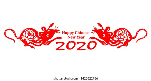 Banner with Two Red Rats. Cut out paper with a picture of a peony. Chinese New Year 2020. Zodiac sign on isolated background.