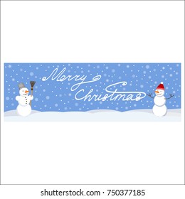Banner two snowmen under a snowfall on a blue background with the inscription Merry Christmas