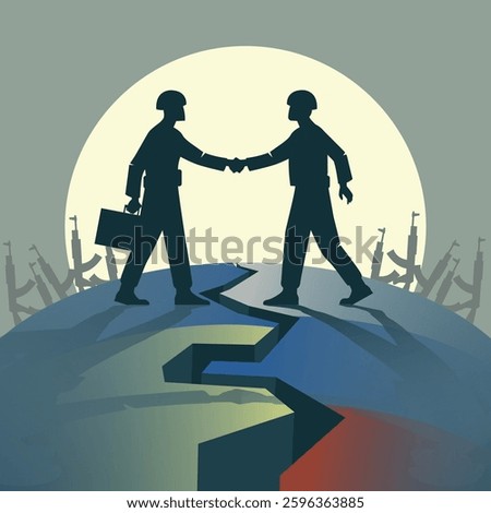 banner with two soldiers on the broken ground. On the background of the moon and weapons. Dark concept of a truce in the war between Ukraine and Russia. Vector illustration