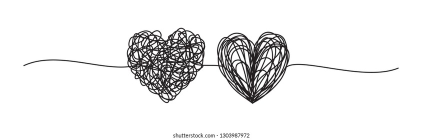 Banner with two tangled scribble hearts hand drawn with thin line, divider shape. Isolated on white background. Vector illustration