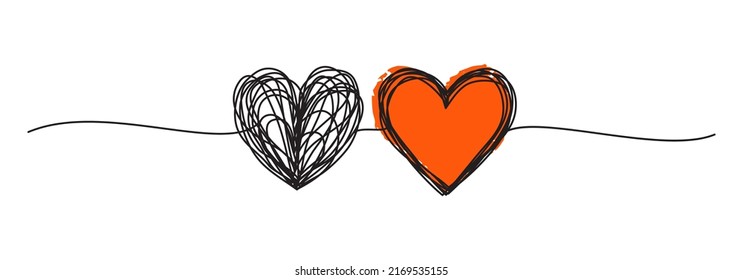 Cartel con dos corazones garabatos enredados dibujados a mano con delgada línea, forma divisoria. Aislado sobre fondo blanco. Ilustración del vector
